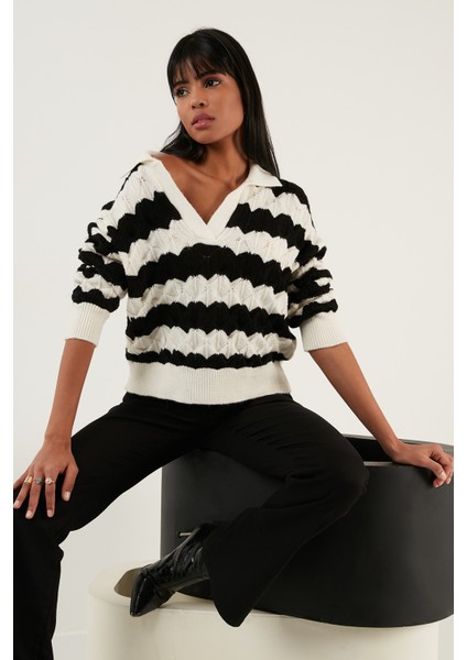 Renk Bloklu Polo Yaka Triko Kazak Bayan Kazak 63622409