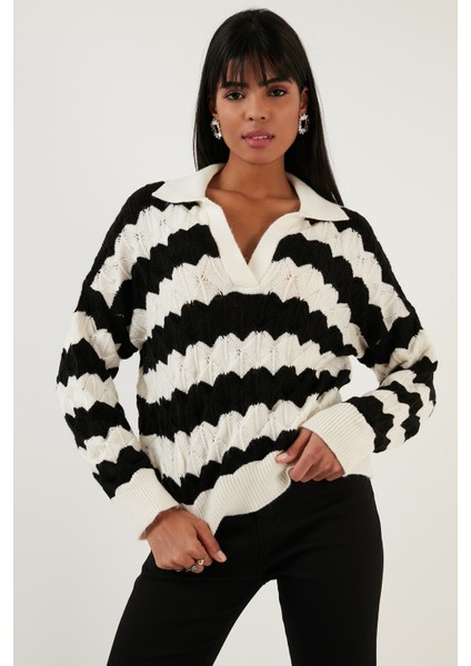 Renk Bloklu Polo Yaka Triko Kazak Bayan Kazak 63622409 fiyatları