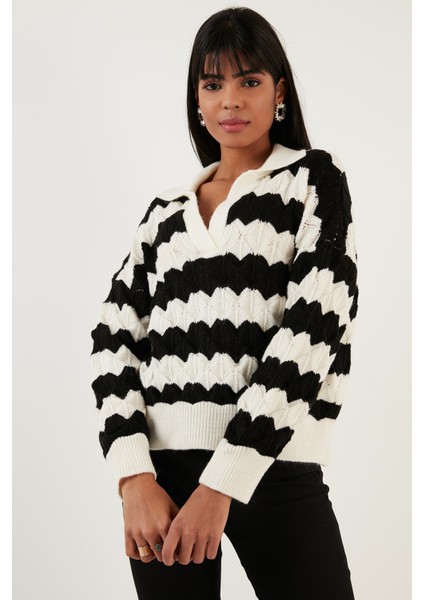 Renk Bloklu Polo Yaka Triko Kazak Bayan Kazak 63622409 modelleri