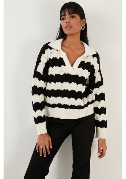 Renk Bloklu Polo Yaka Triko Kazak Bayan Kazak 63622409 fırsatları