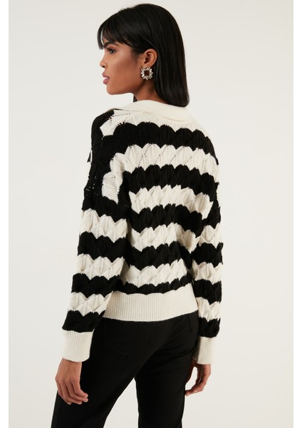 Renk Bloklu Polo Yaka Triko Kazak Bayan Kazak 63622409 indirimleri