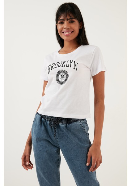 Brooklyn Baskılı Bisiklet Yaka Dar Kesim T Shirt Bayan T Shirt 5864581