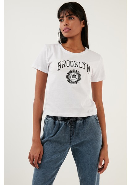 Brooklyn Baskılı Bisiklet Yaka Dar Kesim T Shirt Bayan T Shirt 5864581 fırsatları