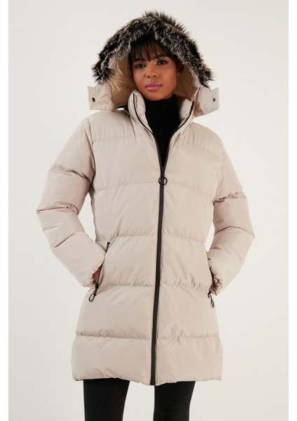 Yakası Suni Kürklü Çıkarılabilir Kapüşonlu Cepli Şişme Mont Bayan Mont 5761645 modelleri