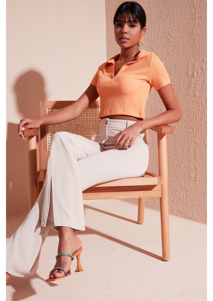 Slim Fit Polo V Yaka Crop Bluz Bayan Bluz 5865035