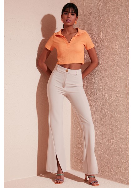 Slim Fit Polo V Yaka Crop Bluz Bayan Bluz 5865035