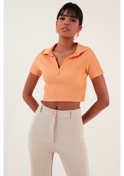Slim Fit Polo V Yaka Crop Bluz Bayan Bluz 5865035