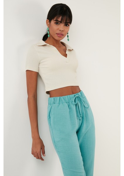 Slim Fit Polo V Yaka Crop Bluz Bayan Bluz 5865035 modelleri