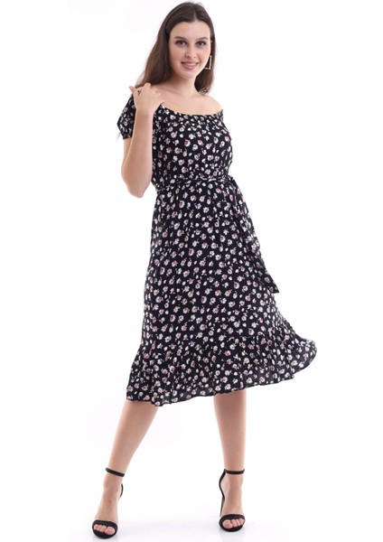 Yaka Kol ve Bel Lastikli Etek Ucu Fırfırlı Desenli Viskon Midi Boy Elbise