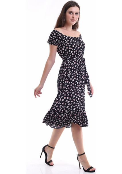 Yaka Kol ve Bel Lastikli Etek Ucu Fırfırlı Desenli Viskon Midi Boy Elbise fiyatları