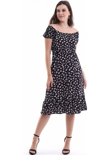 Yaka Kol ve Bel Lastikli Etek Ucu Fırfırlı Desenli Viskon Midi Boy Elbise modelleri