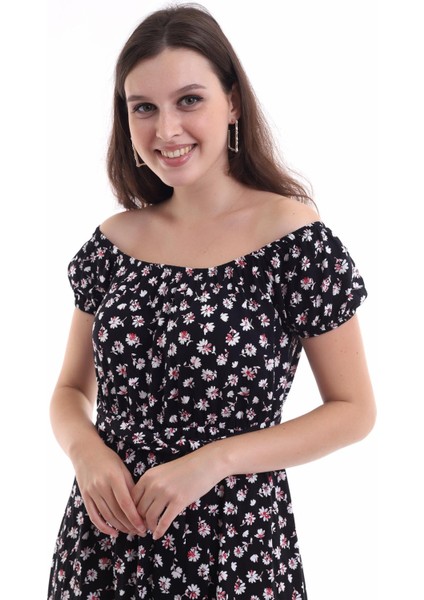 Yaka Kol ve Bel Lastikli Etek Ucu Fırfırlı Desenli Viskon Midi Boy Elbise fırsatları