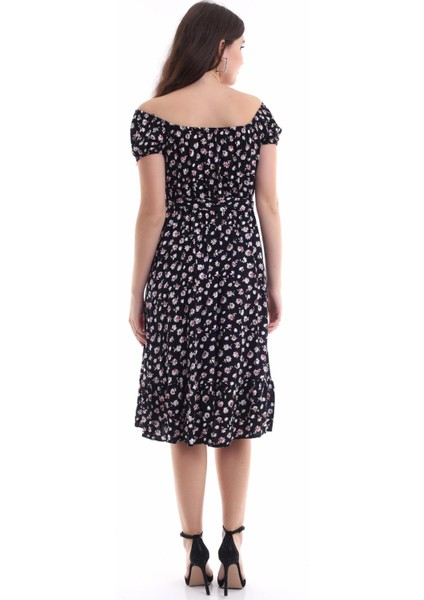 Yaka Kol ve Bel Lastikli Etek Ucu Fırfırlı Desenli Viskon Midi Boy Elbise indirimleri