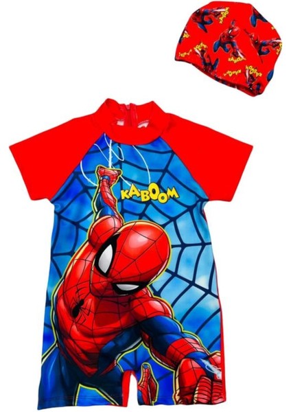 Lolli Boom Kids  Erkek Çocuk Spiderman Baskı Detay Hassas Ten Mayo Tek Parça Sezon 2022 Bone Hediyeli