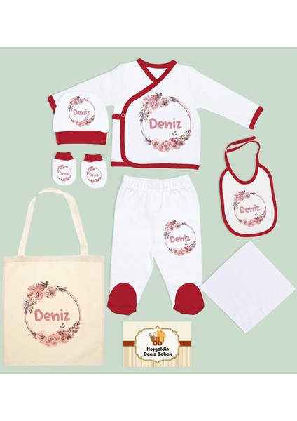 Kids Kişiye Özel Kırmızı Hastane Çıkışı, Anneye Hediye, Isimli Bez Çanta, Yeni Doğan Bebek Giyim Hediyesi, 8 Parça Bebek Hediye Seti-5