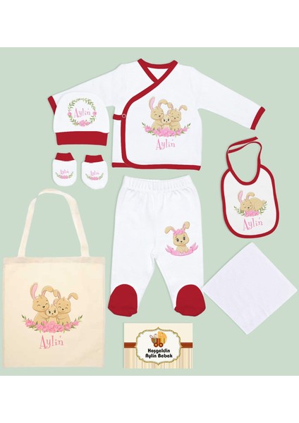 Kids Kişiye Özel Kırmızı Hastane Çıkışı, Anneye Hediye, Isimli Bez Çanta, Yeni Doğan Bebek Giyim Hediyesi, 8 Parça Bebek Hediye Seti-1