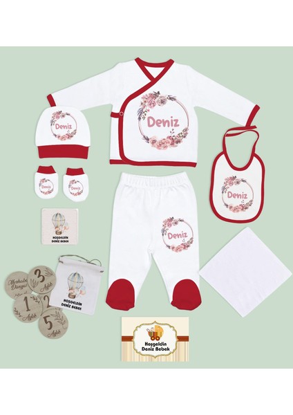 Kids Kişiye Özel Kırmızı Hastane Çıkışı,bebek Anı Kartı,yeni Doğan Bebek Giyim Hediyesi,9 Parça Bebek Hediye Seti-5
