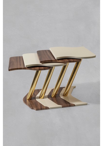 4'lü Gold Windows Zigon Sehpa - Krem - Ceviz