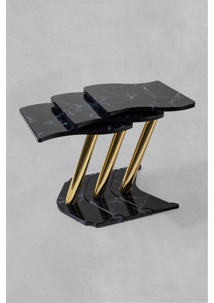 3'lü Gold Windows Zigon Sehpa -Siyah Mermer