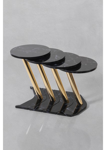 4'lü Gold Dünya Zigon Sehpa - Siyah Mermer