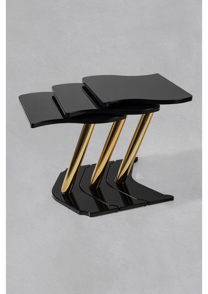 3'lü Gold Windows Zigon Sehpa -Siyah