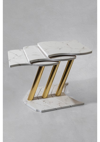 3'lü Gold Windows Zigon Sehpa - Mermer