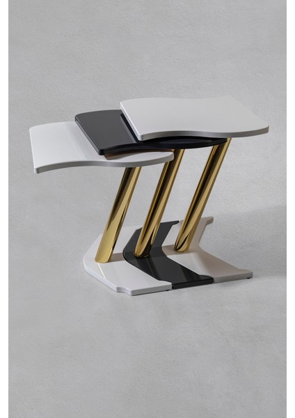 3'lü Gold Windows Zigon Sehpa -Beyaz - Füme