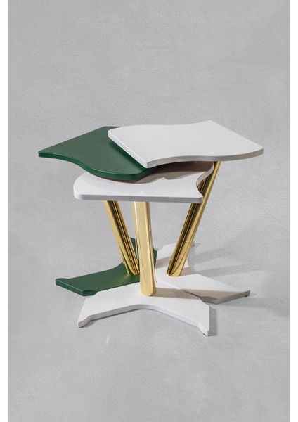3'lü Gold Windows Zigon Sehpa - Beyaz - Yeşil