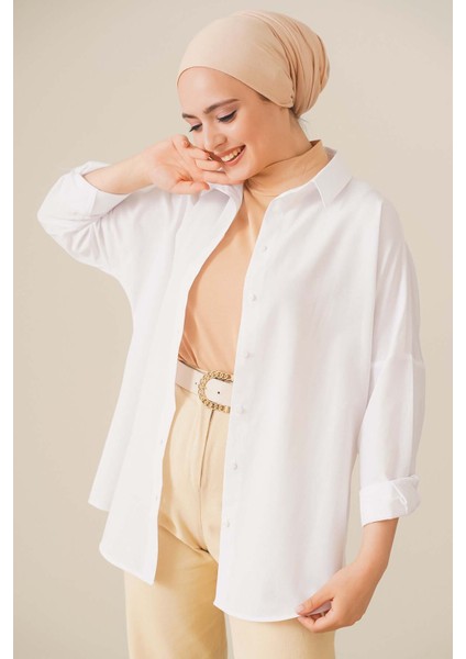 103901 Oversize Basic Tesettür Gömlek - Beyaz