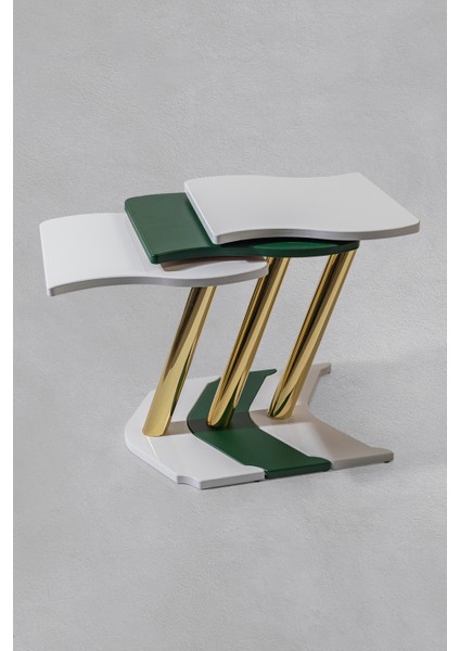 3'lü Gold Windows Zigon Sehpa - Beyaz - Yeşil