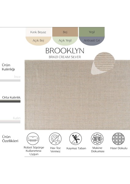 Brooklyn Brk 01 Krem Gümüş Jüt Hasır Görünümlü Kaymaz Taban Dokuma Modern Makine Dokuması Kilim