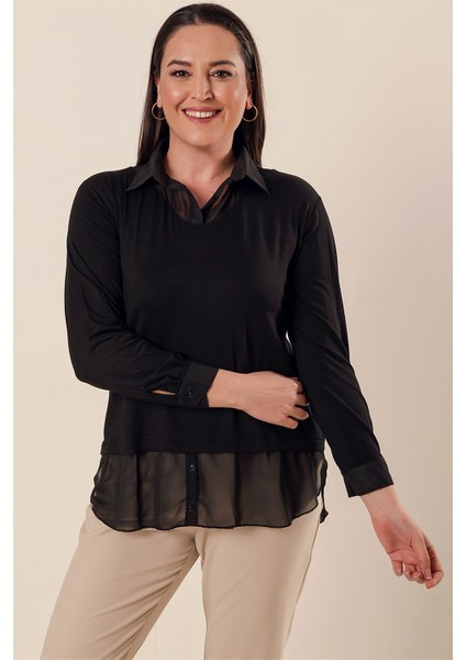 Şifon Detaylı Gömlek Yaka Rahat Kesim Büyük Beden Bluz Siyah