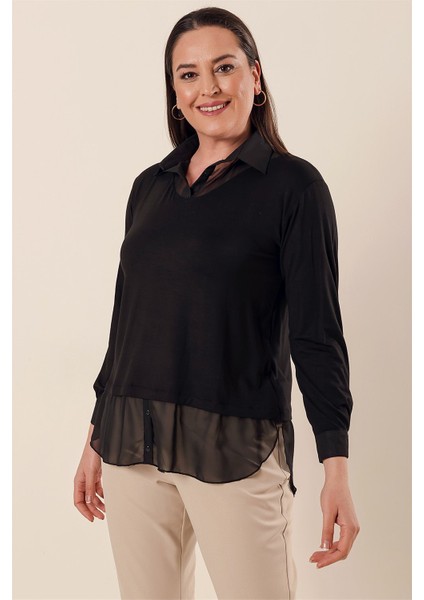 Şifon Detaylı Gömlek Yaka Rahat Kesim Büyük Beden Bluz Siyah fiyatları