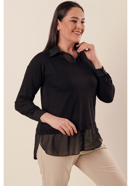 Şifon Detaylı Gömlek Yaka Rahat Kesim Büyük Beden Bluz Siyah modelleri