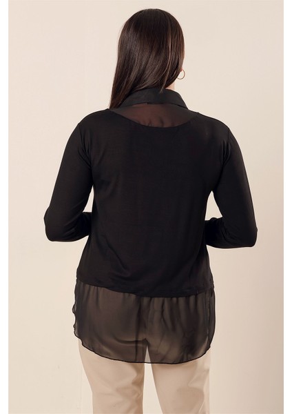 Şifon Detaylı Gömlek Yaka Rahat Kesim Büyük Beden Bluz Siyah fırsatları