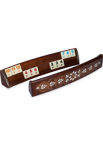 Beyaz Sedef Kakma Telkari Işlemeli Ahşap Oval Okey Takımı Elite Oyun Seti