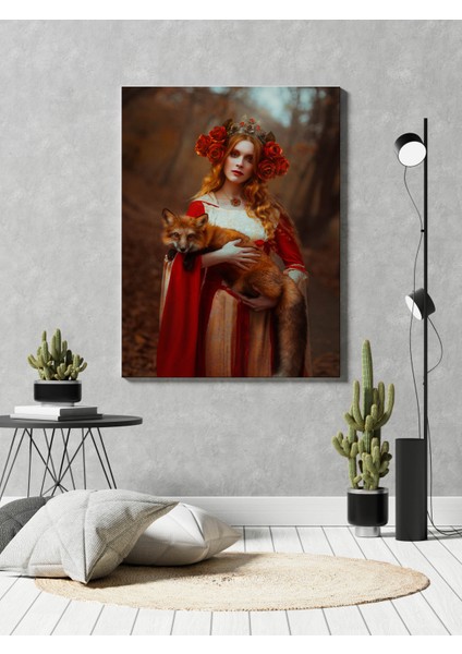 Gotik Atmosfer Kucağında Tilkiyle Kadın Dekoratif Dikey Kanvas Tablo fiyatları