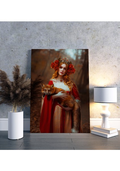 Gotik Atmosfer Kucağında Tilkiyle Kadın Dekoratif Dikey Kanvas Tablo modelleri