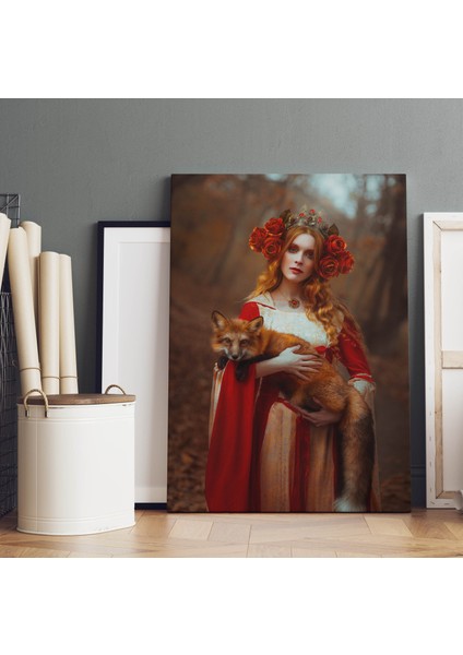 Gotik Atmosfer Kucağında Tilkiyle Kadın Dekoratif Dikey Kanvas Tablo fırsatları