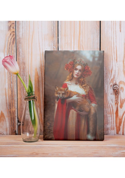 Gotik Atmosfer Kucağında Tilkiyle Kadın Dekoratif Dikey Kanvas Tablo indirimleri