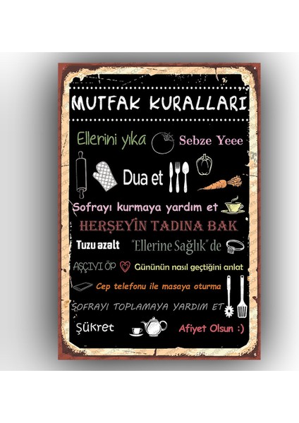 Retro Ahşap Levha " Mutfak Kuralları " 25X35CM