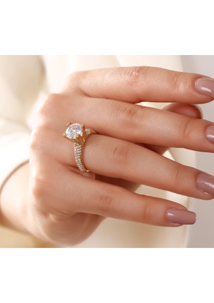 Eyfel Modeli Gold Rengi Gümüş Tektaş Yüzük