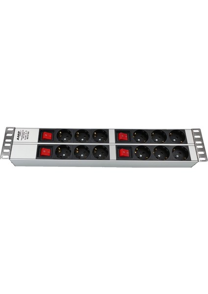  19'' 2u (3+3+3+3) 12 Way Schuko Type (DIN49440) Socket On / Off Lıghted Swıtch, 3x1,5 Mm² Nymhy Cable, DIN49441 Plug Alumınıum Profıle Frame Pdu