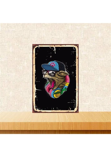 Ahşap Vintage Tablo " Kulaklık Takan Kedi" Ahşap Mdf 25X35CM