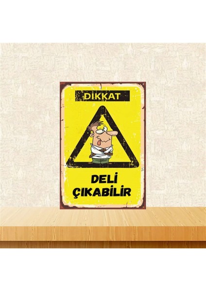 Ahşap Vintage Tablo " Dikkat Deli Çıkabilir" Ahşap Mdf 25X35CM