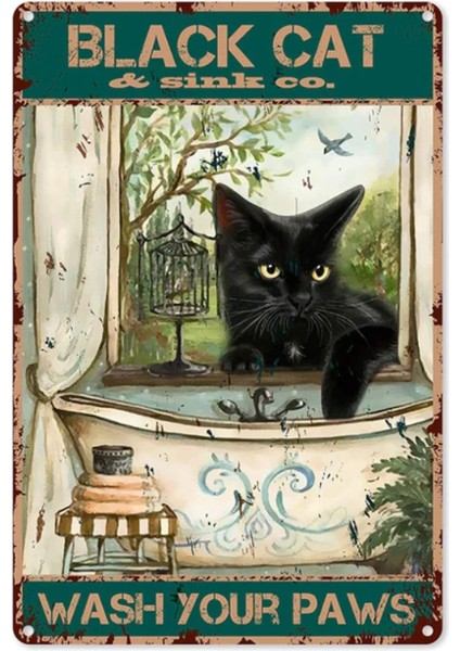 Ahşap Vintage Tablo " Black Cat Wash Your Paws" Ahşap Mdf 25X35 cm