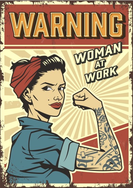 Ahşap Vintage Tablo " Caution! Woman At Work" Ahşap Mdf 25X35