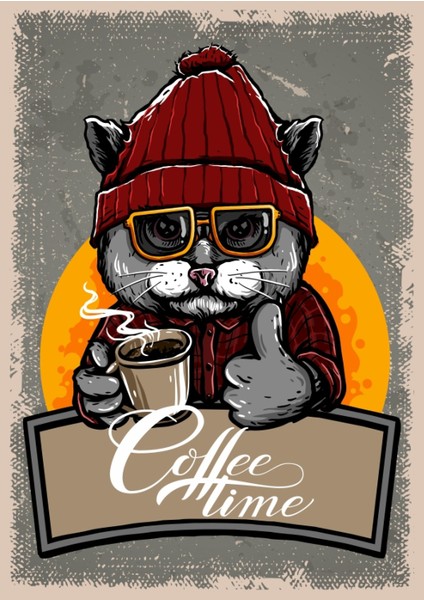 Ahşap Vintage Tablo " Coffee Time Cat "ahşap Mdf 25X35CM