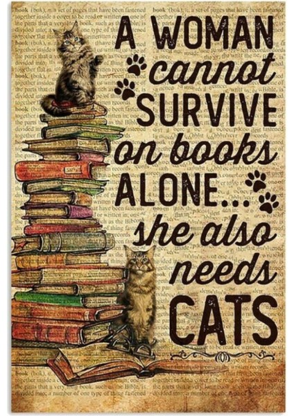 Ahşap Vintage Tablo " She Also Needs Cats" Ahşap Mdf 25X35CM