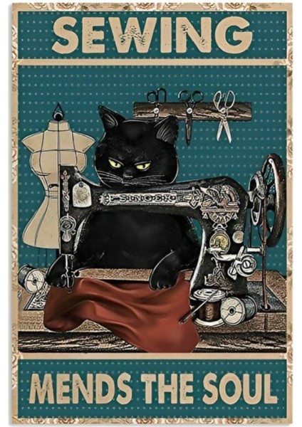 Ahşap Vintage Tablo " Sewing Mends The Soul" Ahşap Mdf 25X35 cm